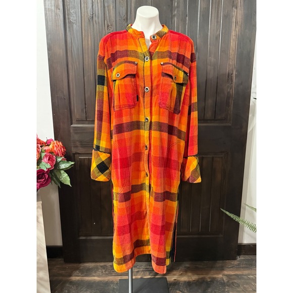 Free People Dresses & Skirts - We The Free Free People Plaid Button Front Shirt Dress Orange Red Large L Long